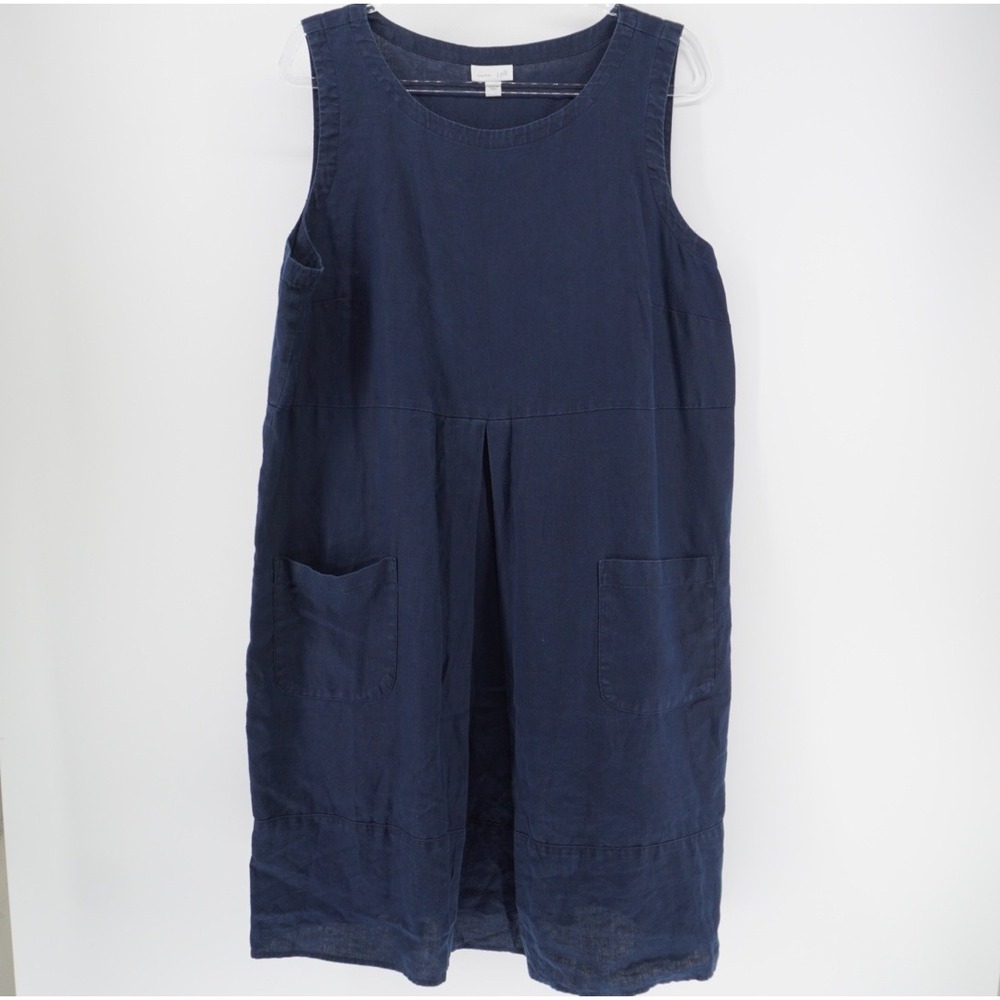 J. Jill Love Linen Navy Blue Sleeveless Shift Dress Pockets XL Coastal Beach